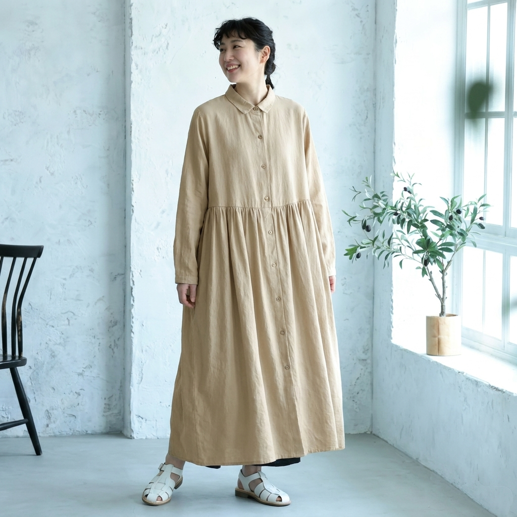 M-2XL 無地 ボタン 長袖 POLOネック ストレート シンプル ワンピース M キャラメル
