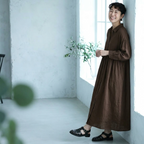 M-2XL 無地 ボタン 長袖 POLOネック ストレート シンプル ワンピース M キャラメル