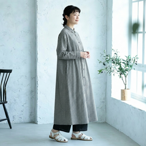 フリー  ボタン  チェック柄  折り襟 Aライン レトロ  ワンピース フリー ブラックチェック柄