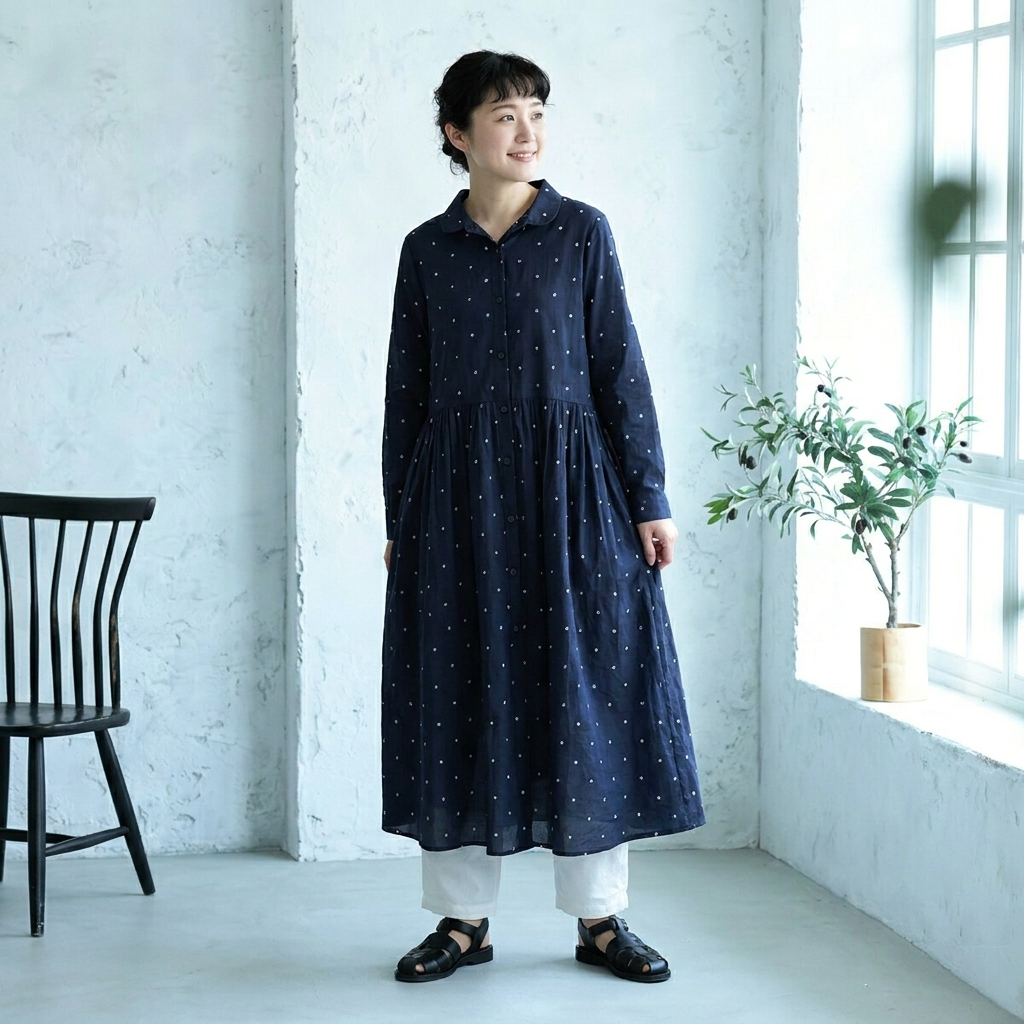 フリー  ボタン  チェック柄  折り襟 Aライン レトロ  ワンピース フリー ネイビー