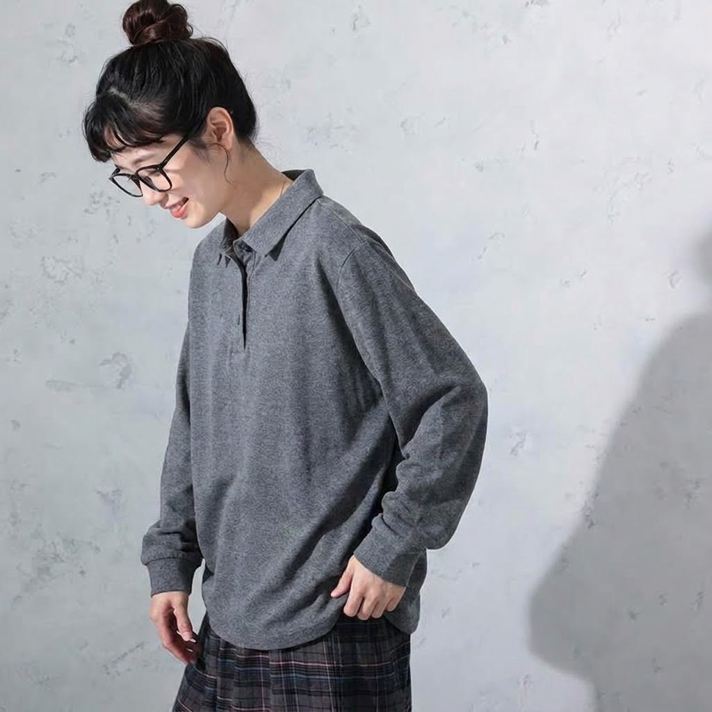 S-4XL 大人のナチュラル 着回し 長く着られる ポロ襟 長袖トップス S ブラック