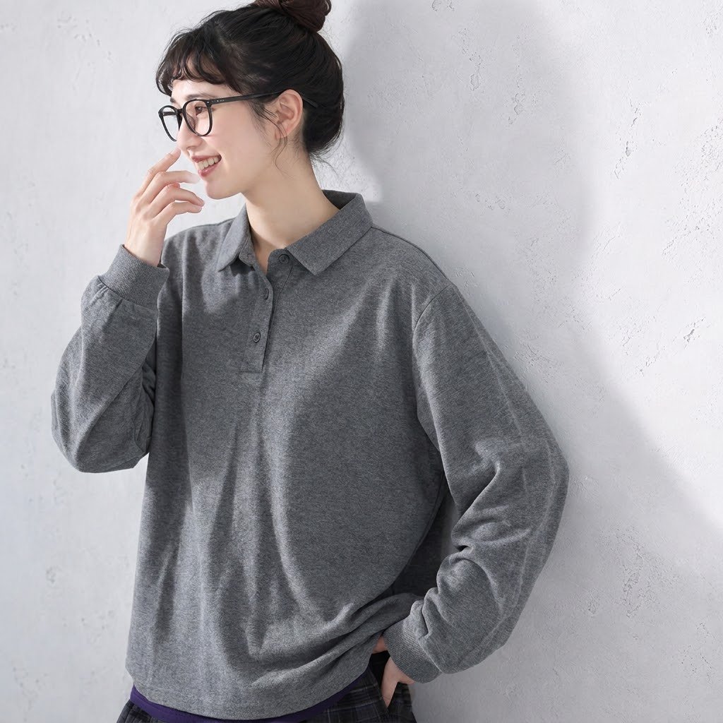 S-4XL 大人のナチュラル 着回し 長く着られる ポロ襟 長袖トップス 4XL ダークグレー