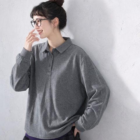 S-4XL 大人のナチュラル 着回し 長く着られる ポロ襟 長袖トップス 4XL ダークグレー