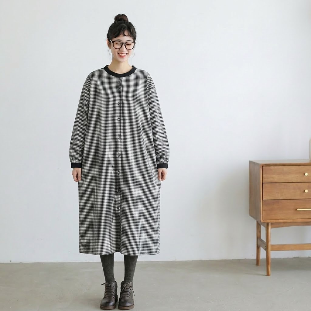 M-2XL チェック柄 ギャザー 大人のナチュラル 着回し ロングワンピース M 白黒チェック