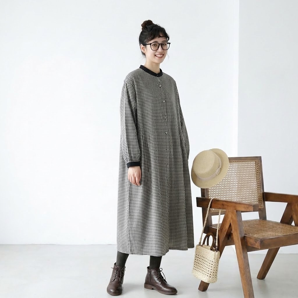 M-2XL チェック柄 ギャザー 大人のナチュラル 着回し ロングワンピース 2XL 白黒チェック