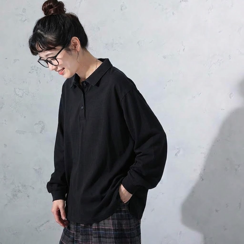 S-4XL 大人のナチュラル 着回し 長く着られる ポロ襟 長袖トップス 4XL ブラック