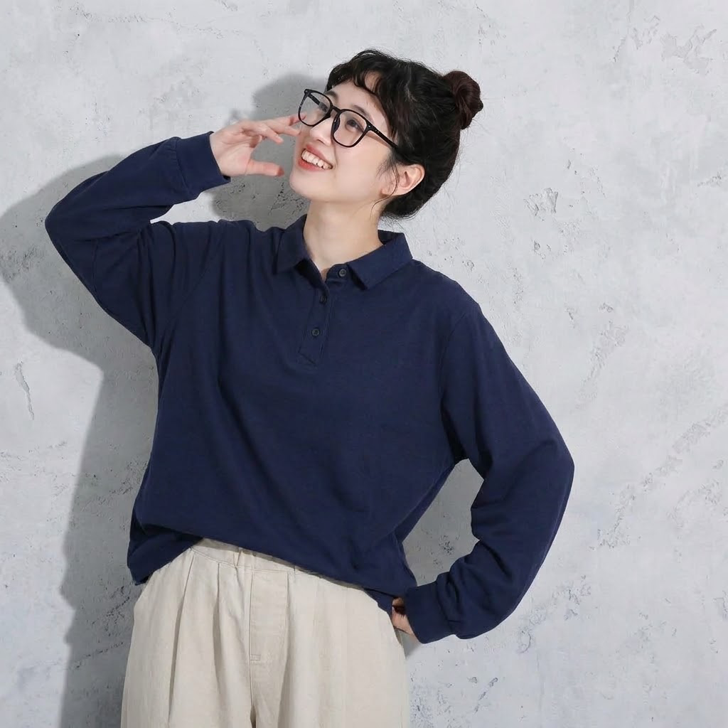 S-4XL 大人のナチュラル 着回し 長く着られる ポロ襟 長袖トップス 4XL ネイビー
