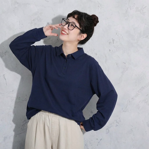 S-4XL 大人のナチュラル 着回し 長く着られる ポロ襟 長袖トップス 4XL ネイビー