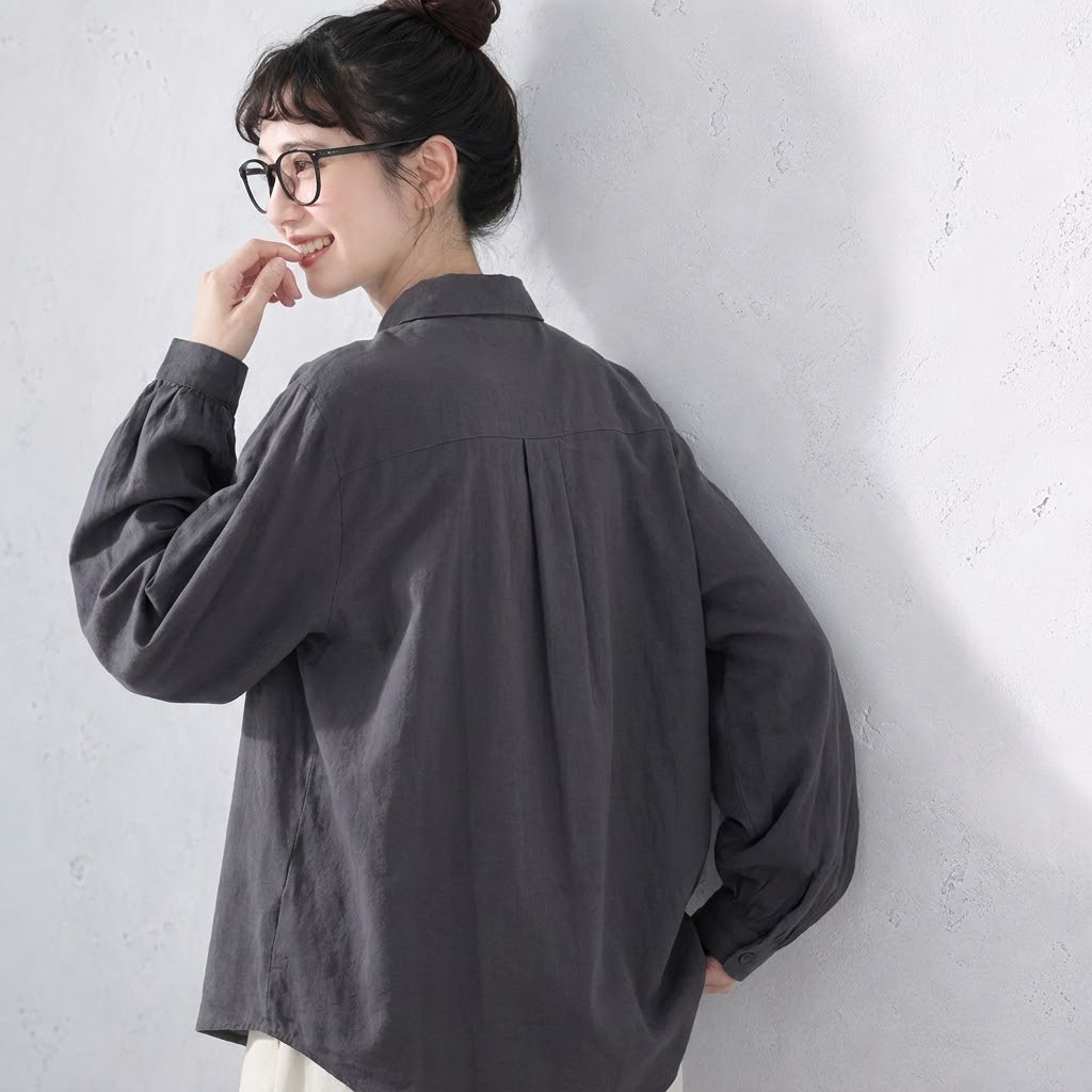 今季トレンドML ゆったり 落ち着いたカラー 長く着られる ポケット付き 長袖シャツ M ブルー