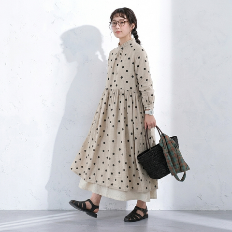 M-2XL ベージュ ドット柄 長袖 Aライン ワンピース M 写真通り