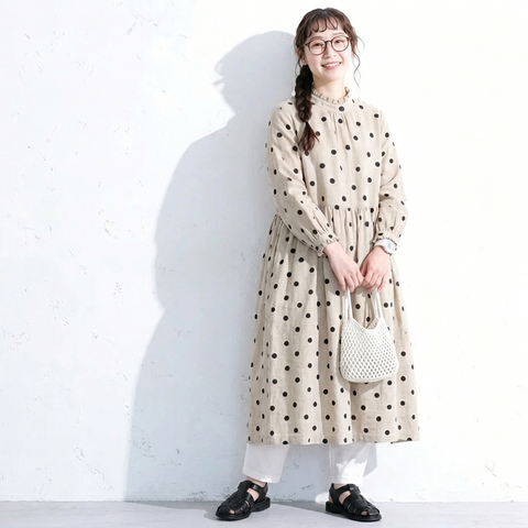 M-2XL ベージュ ドット柄 長袖 Aライン ワンピース M 写真通り