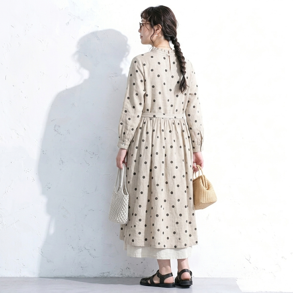 M-2XL ベージュ ドット柄 長袖 Aライン ワンピース M 写真通り