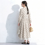 M-2XL ベージュ ドット柄 長袖 Aライン ワンピース M 写真通り