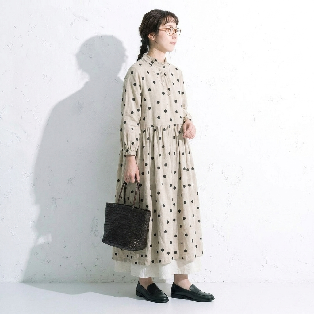 M-2XL ベージュ ドット柄 長袖 Aライン ワンピース M 写真通り