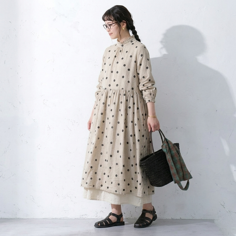 M-2XL ベージュ ドット柄 長袖 Aライン ワンピース M 写真通り