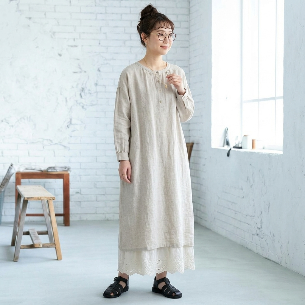 フリーサイズ 刺繍 無地 長袖 ボタン Aライン レトロ ワンピース フリー ブラック