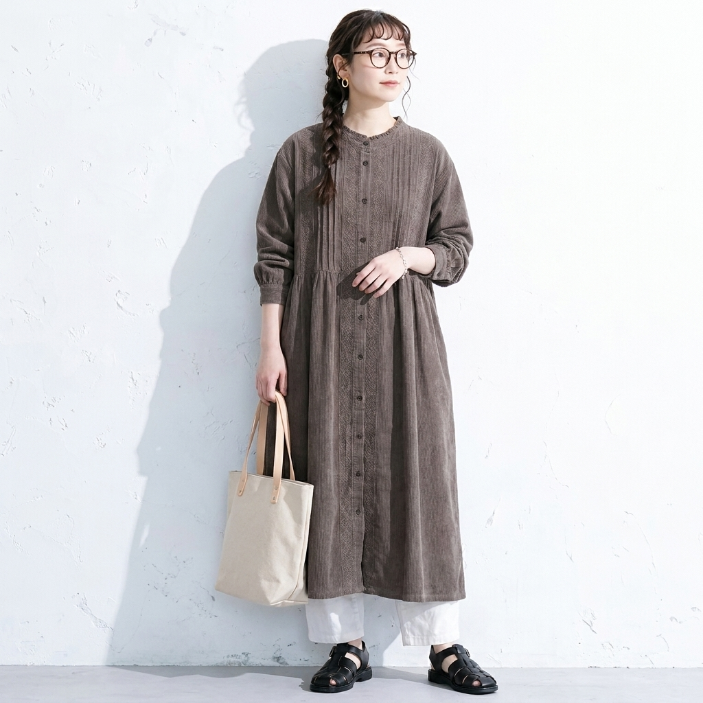 M-2XL コーデュロイ ボタン Aライン プリーツ 長袖 無地 森ガール ワンピース M 写真通り
