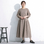 フリー コットン チェック柄 シンプル ロング丈 カジュアルワンピース フリー ブラウン