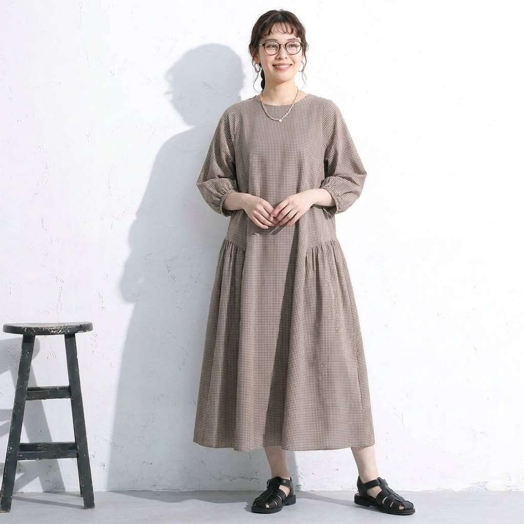 フリー コットン チェック柄 シンプル ロング丈 カジュアルワンピース フリー ブラウン