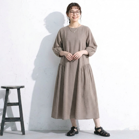 フリー コットン チェック柄 シンプル ロング丈 カジュアルワンピース フリー ブラウン