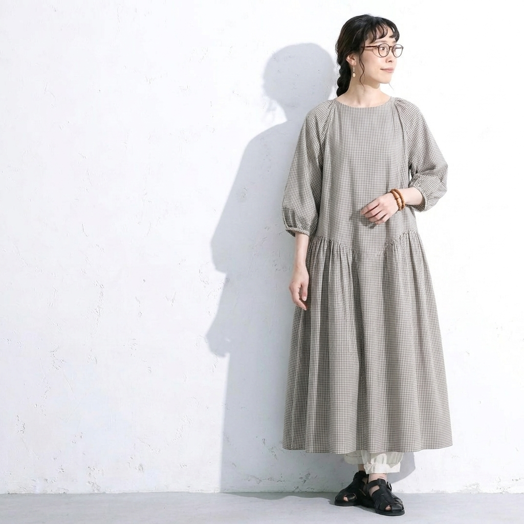 フリー コットン チェック柄 シンプル ロング丈 カジュアルワンピース フリー ブラウン
