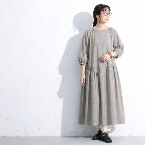 フリー コットン チェック柄 シンプル ロング丈 カジュアルワンピース フリー ブラウン