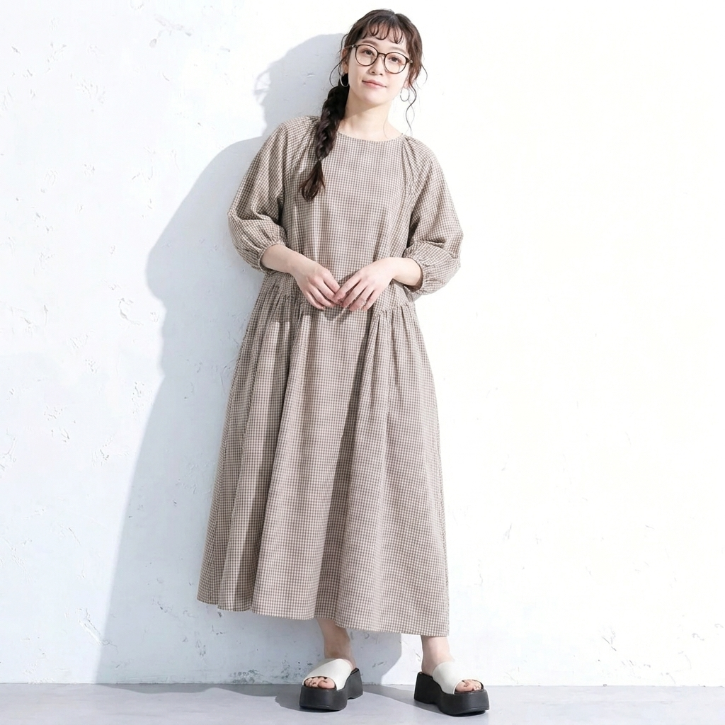 フリー コットン チェック柄 シンプル ロング丈 カジュアルワンピース フリー ブラウン