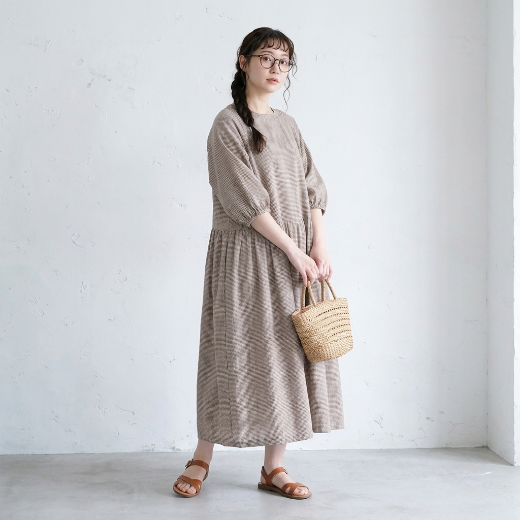 フリー コットン チェック柄 シンプル ロング丈 カジュアルワンピース フリー ブラウン
