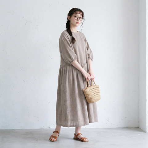 フリー コットン チェック柄 シンプル ロング丈 カジュアルワンピース フリー ブラウン