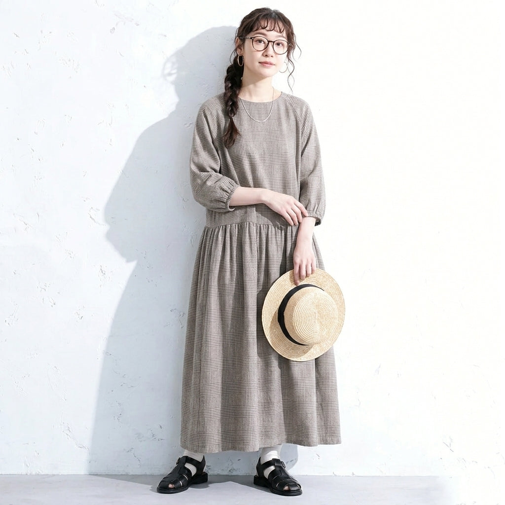 フリー コットン チェック柄 シンプル ロング丈 カジュアルワンピース フリー ブラウン