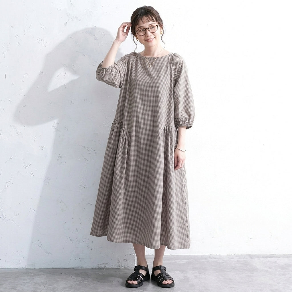 フリー コットン チェック柄 シンプル ロング丈 カジュアルワンピース フリー ブラウン