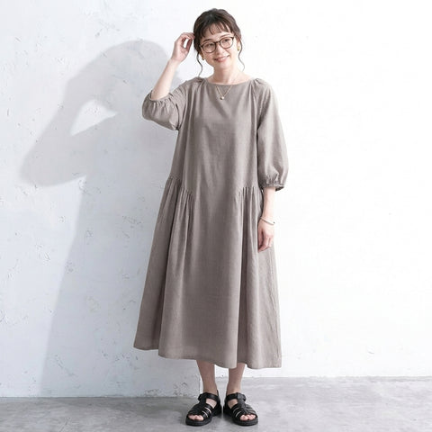フリー コットン チェック柄 シンプル ロング丈 カジュアルワンピース フリー ブラウン