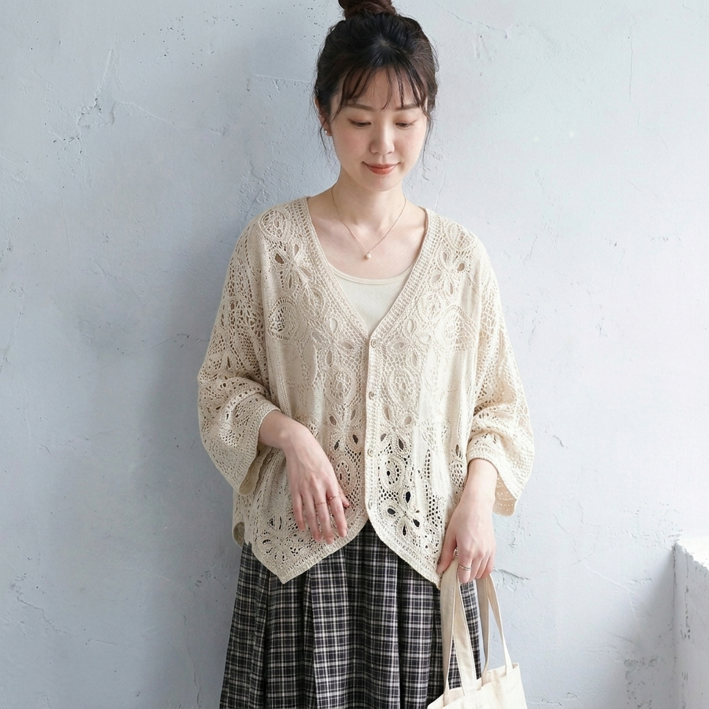 F 羽織シャツ 軽やかコットンレース 透かし編み ゆったり シンプル 万能コーデ フリー アプリコット