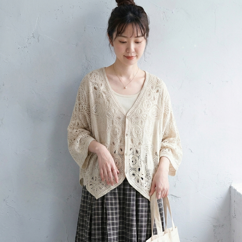 F 羽織シャツ 軽やかコットンレース 透かし編み ゆったり シンプル 万能コーデ フリー アプリコット