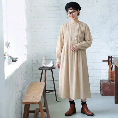 M-2XL 人気高い ボタン シンプル ナチュラル 長袖 ワンピース M 写真通り