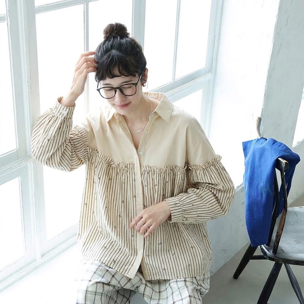 ML ストライプ柄 長袖  配色 シャツ袖 切り替え  シャツ M アプリコット