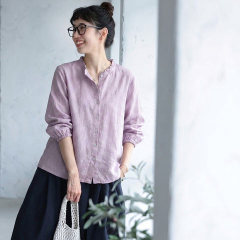 【コットン】M-3XL 無地 肌触り柔らかい ボタン 長袖 シャツ 3XL パープル