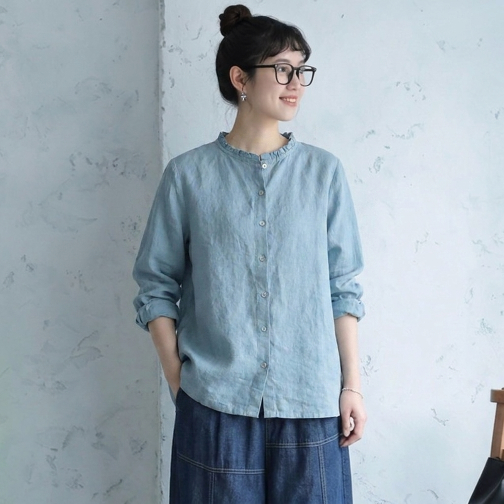 【コットン】M-3XL 無地 肌触り柔らかい ボタン 長袖 シャツ 3XL ブルー