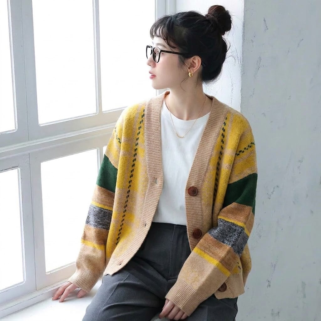 S-2XL 女性に大人気 柔らかい ニット 配色 カーディガン S イエロー