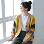S-2XL 女性に大人気 柔らかい ニット 配色 カーディガン S イエロー