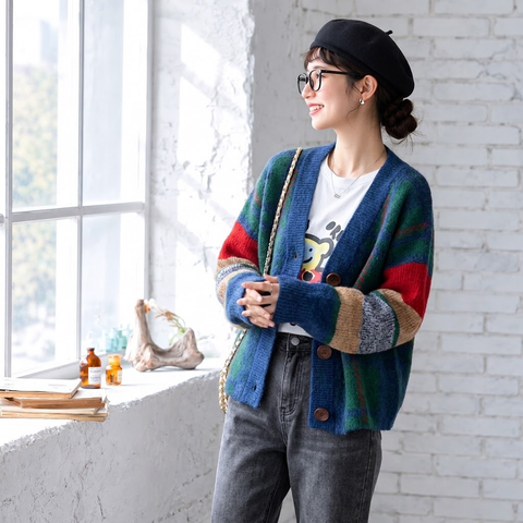 S-2XL 女性に大人気 柔らかい ニット 配色 カーディガン S イエロー