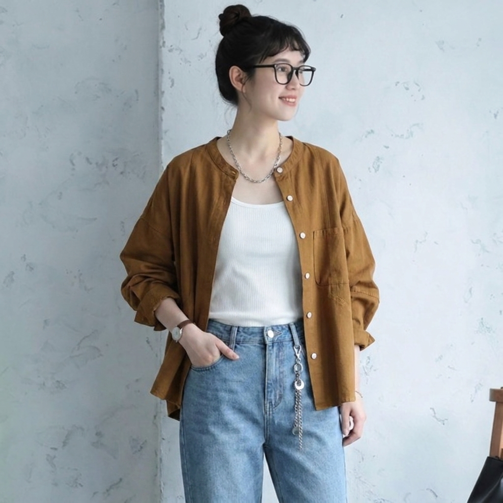 M-3XL 上品見え 通気性良い ナチュラル 長袖 シャツ 3XL キャラメル