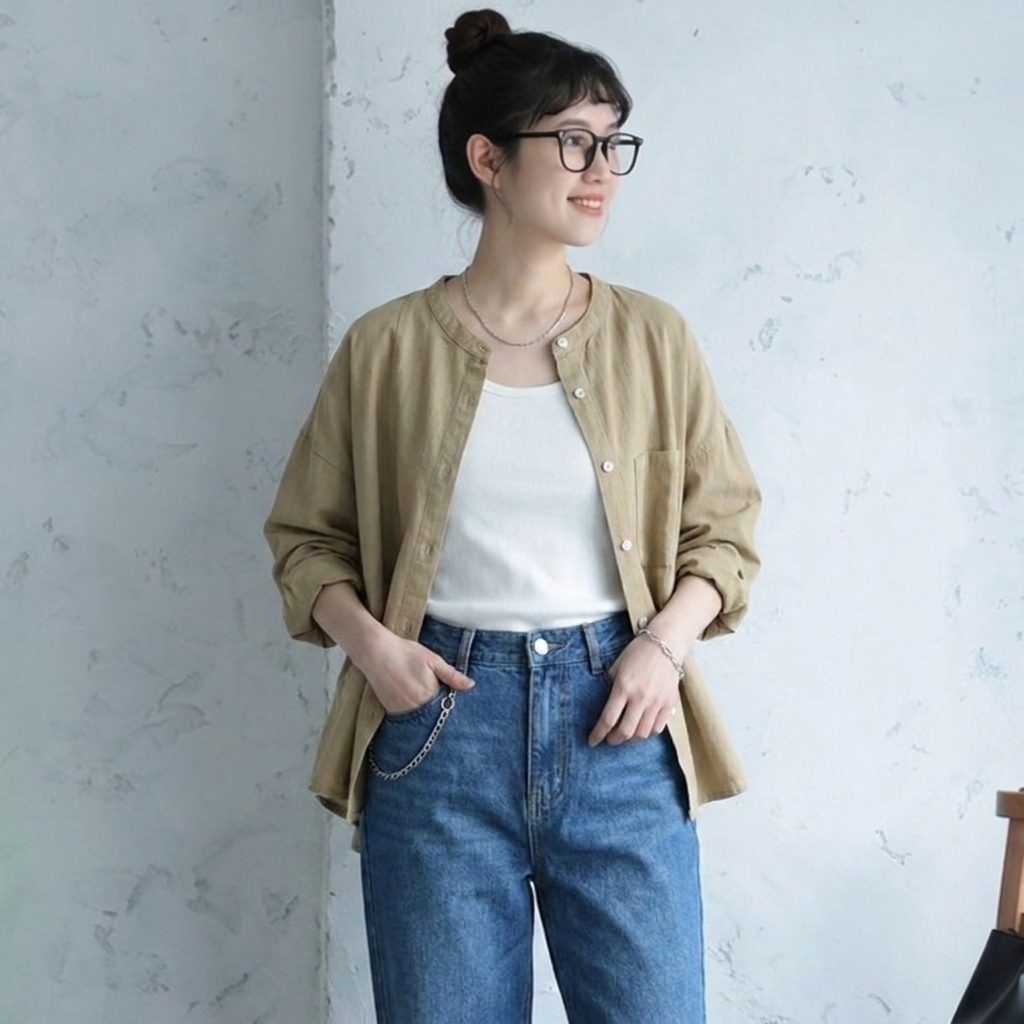 M-3XL 上品見え 通気性良い ナチュラル 長袖 シャツ 3XL カーキ