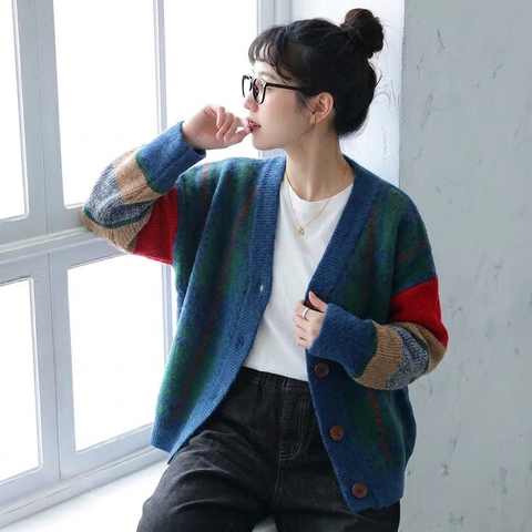 S-2XL 女性に大人気 柔らかい ニット 配色 カーディガン S イエロー