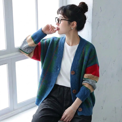 S-2XL 女性に大人気 柔らかい ニット 配色 カーディガン 2XL ブルー