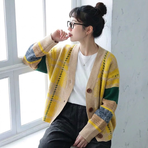 S-2XL 女性に大人気 柔らかい ニット 配色 カーディガン 2XL イエロー