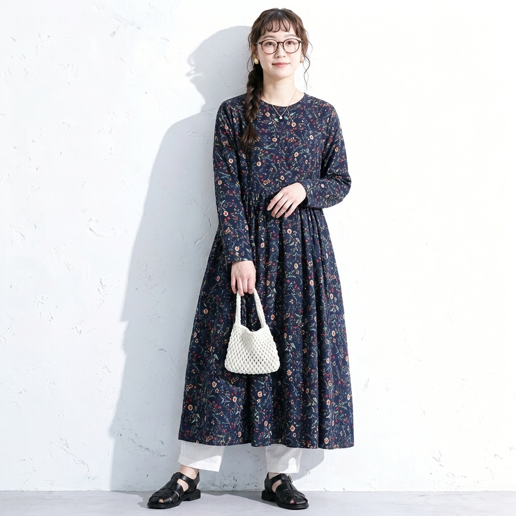 M-2XL Aライン リボン ボタン 長袖 プリント 定番 プリントワンピース M ネイビー