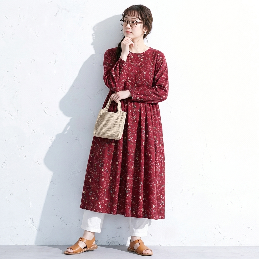 M-2XL Aライン リボン ボタン 長袖 プリント 定番 プリントワンピース M ネイビー