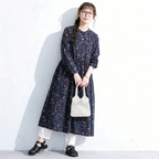 M-2XL Aライン リボン ボタン 長袖 プリント 定番 プリントワンピース M ネイビー