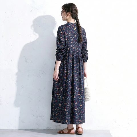 M-2XL Aライン リボン ボタン 長袖 プリント 定番 プリントワンピース M ネイビー